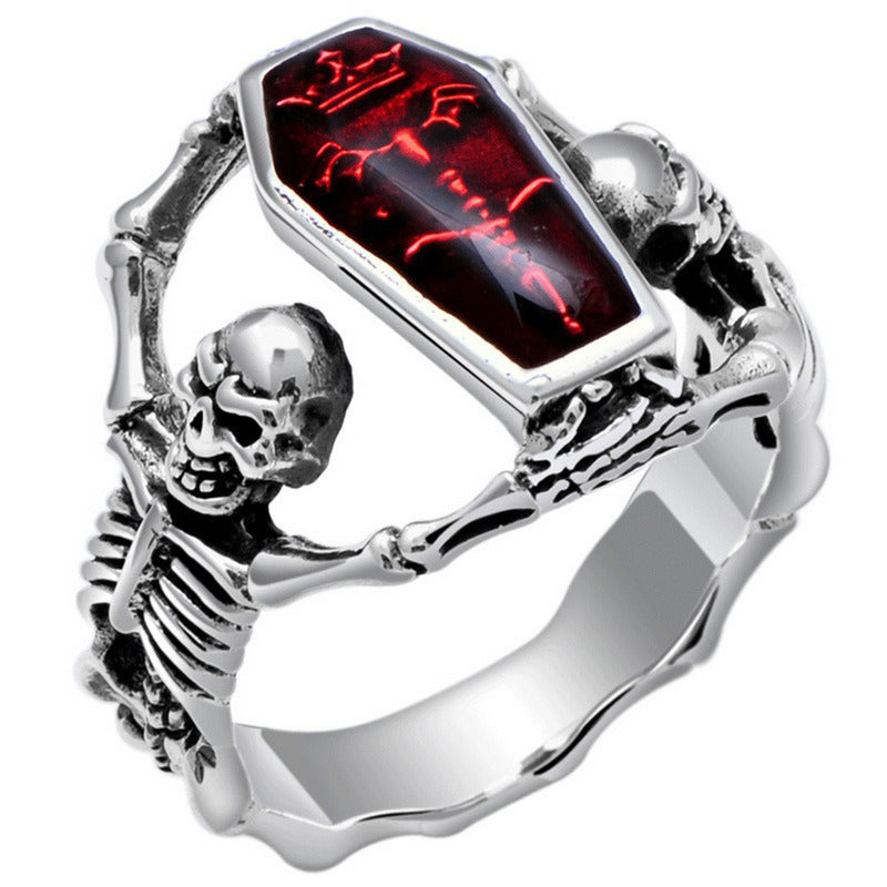 Unisex alternative gothic skeleton ring with red rhinestone, perfect for rock concerts and festive occasions.