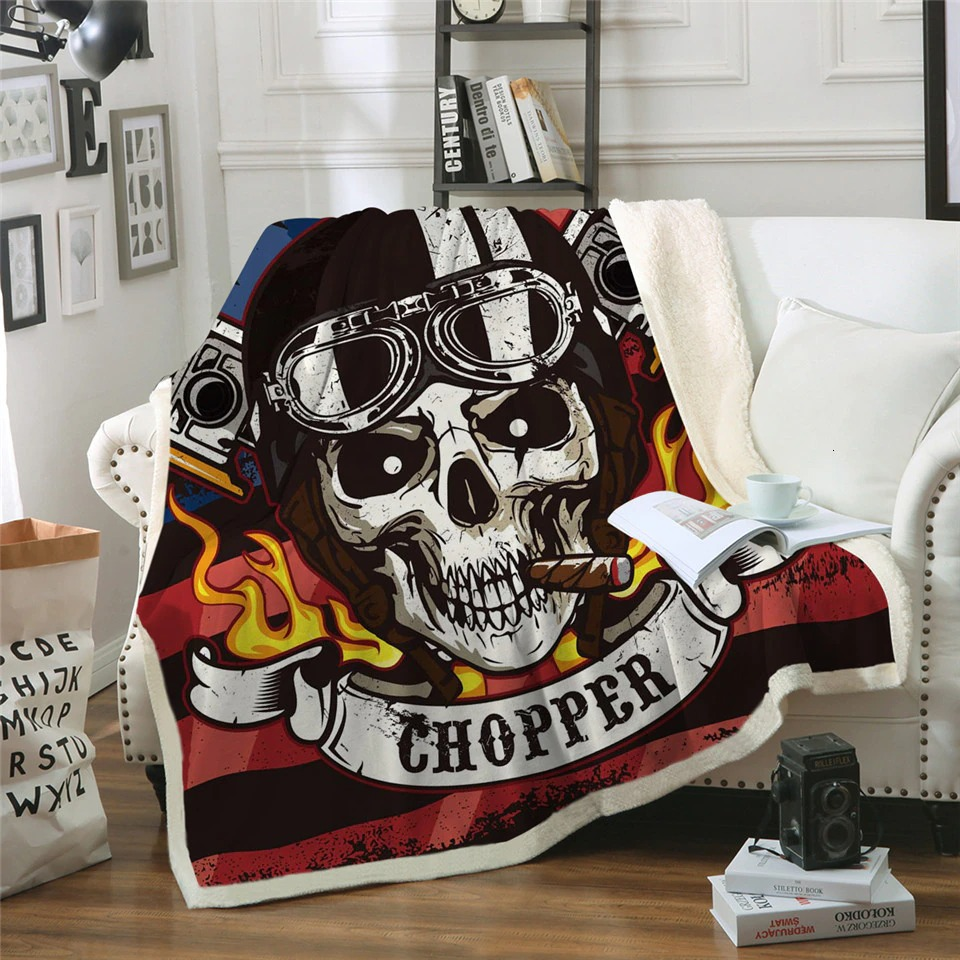 Gothic plush Sherpa blanket with skull and flames design, perfect for boys and girls during winter.