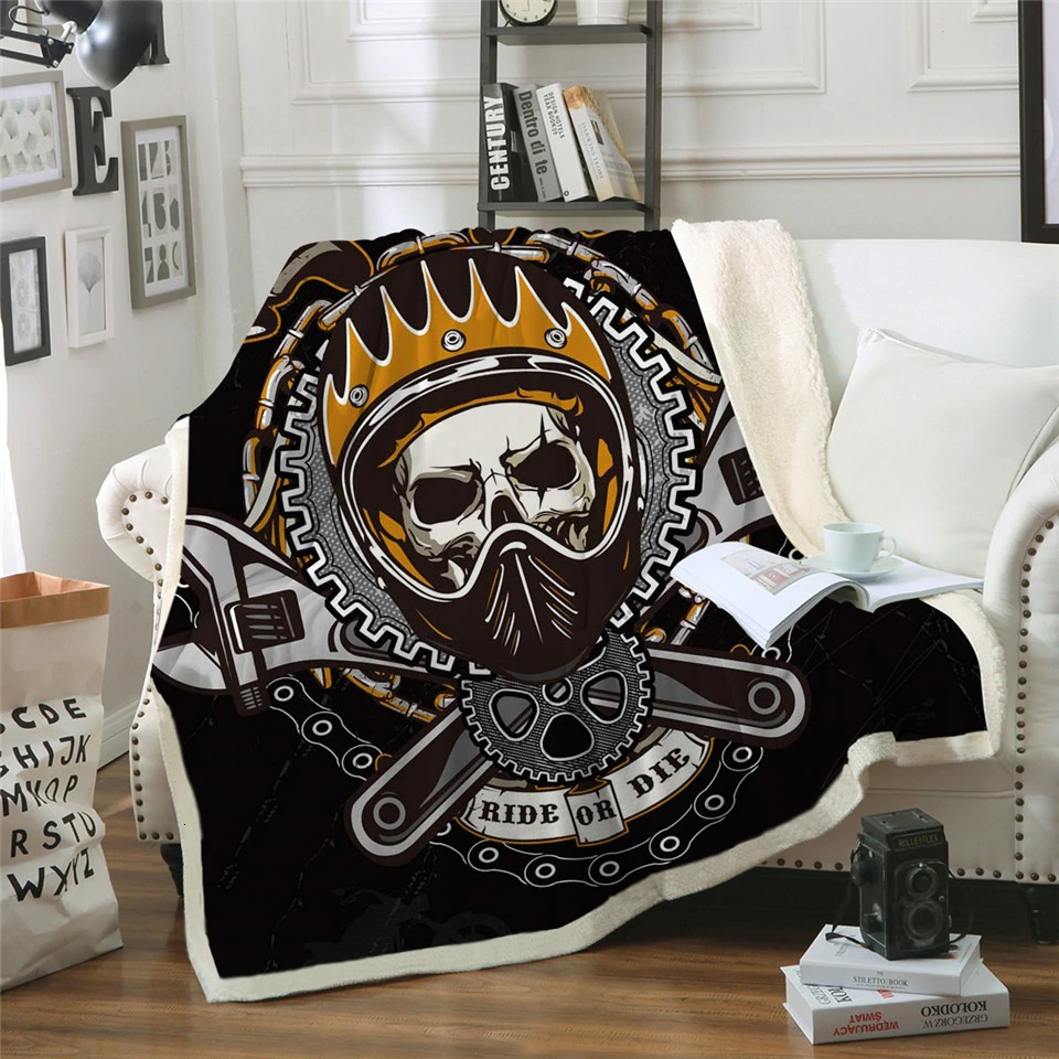 Gothic plush blanket featuring skull and gear design, perfect for cozy home decor.