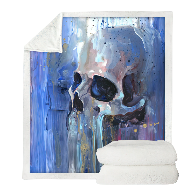 Gothic plush blanket featuring artistic skull design on blue background, perfect for cozy warmth and unique decor.