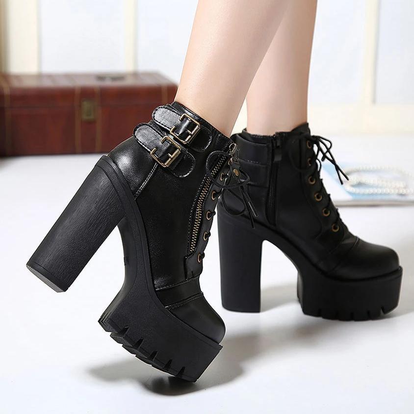 Alternative Black Ankle Boots / Platform Goth Boots for Women / Zipper High Heels Shoes - HARD'N'HEAVY