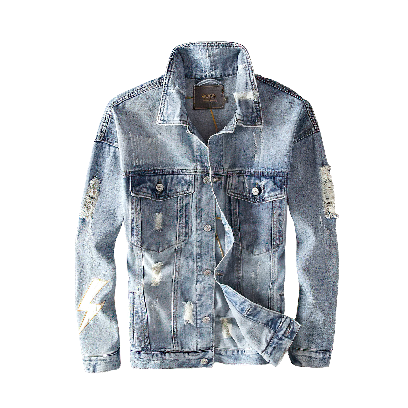 Alternative men's denim jacket with lightning print, stylish and perfect for spring and autumn fashion.