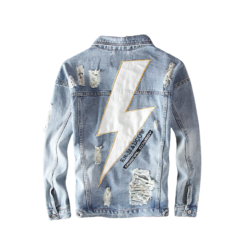 Alternative men's denim jacket in cotton with distressed details and a bold lightning print on the back.