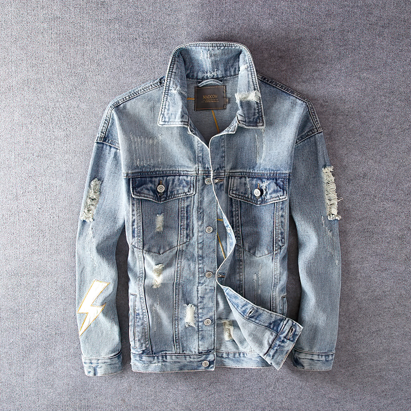 Stylish denim jacket for men with lightning print, alternative streetwear, perfect for spring and autumn.