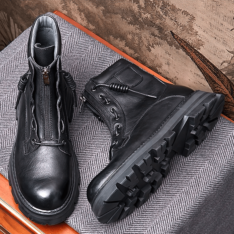 Alternative Style Black Short Boots For Men / Fashion Genuine Leather Soft Shoes with Lace-Up