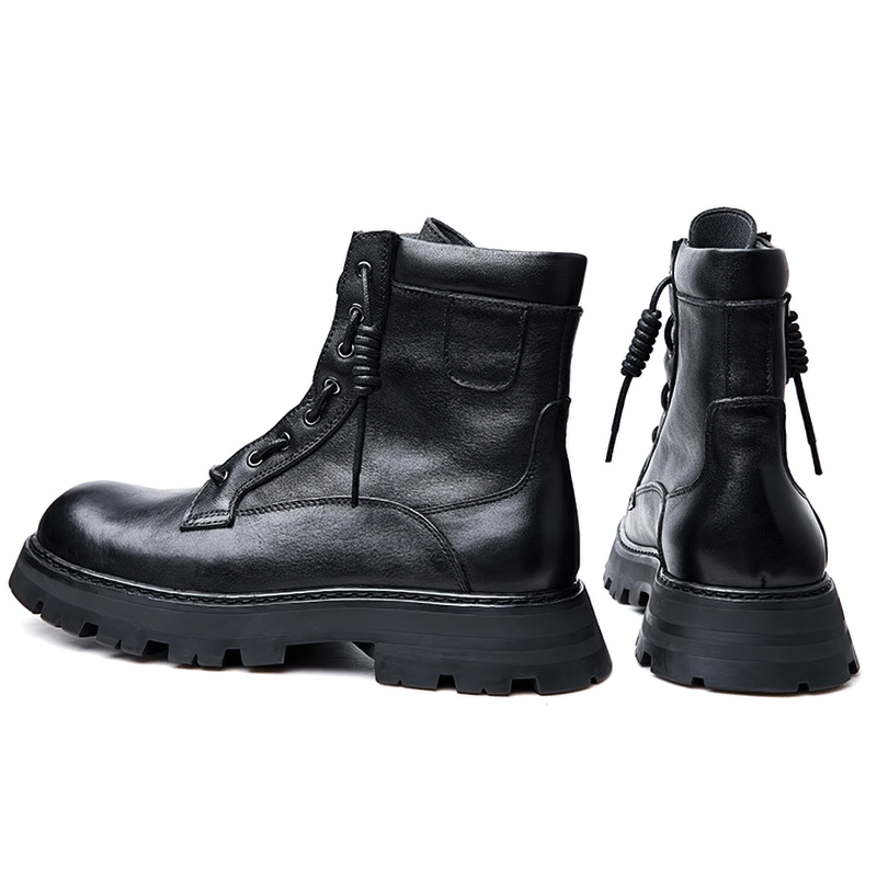 Alternative Style Black Short Boots For Men / Fashion Genuine Leather Soft Shoes with Lace-Up