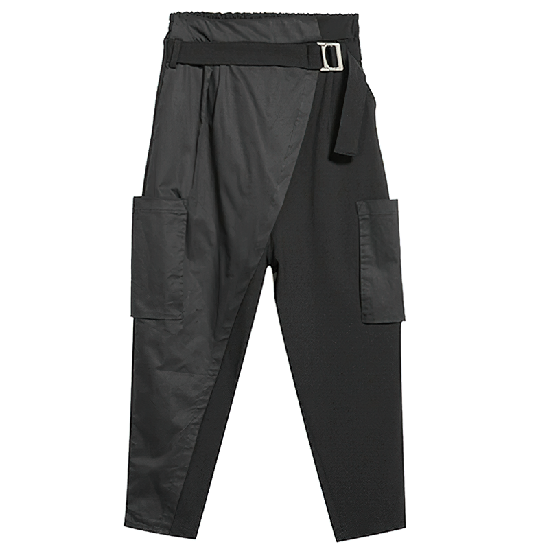Alternative style black trousers with high elastic waist and stylish pockets, perfect for loose fit wear.