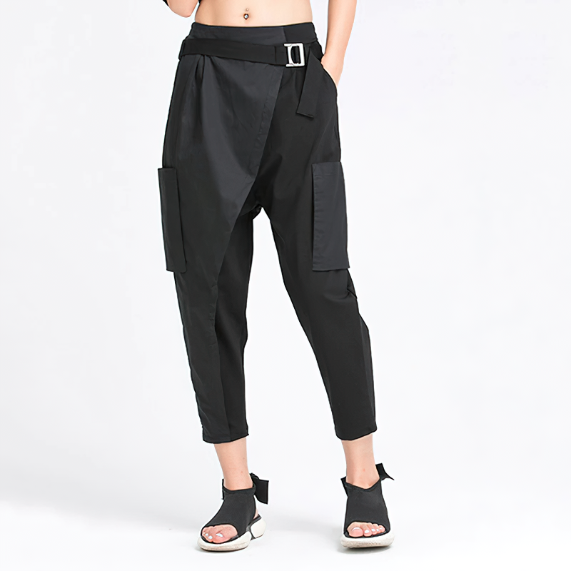 Alternative style black trousers with high elastic waist and pockets for women's fashion.