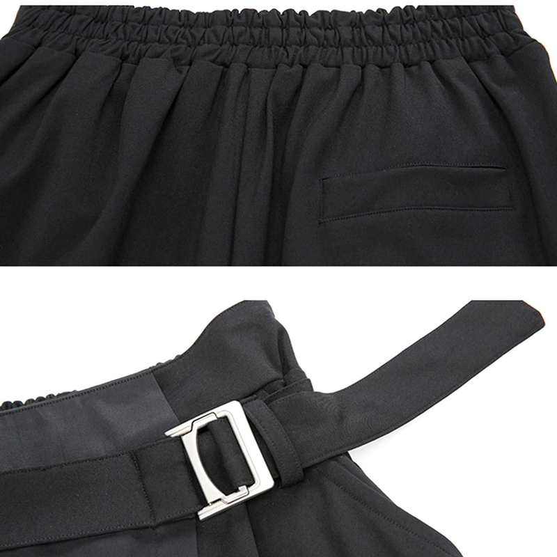 High elastic waist black trousers with belt buckle and pockets for stylish comfort in alternative fashion.