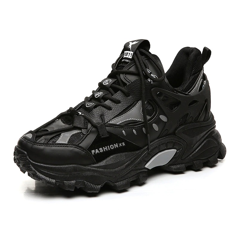 Alternative style men’s sneakers in black PU leather with high soles for comfort and fashion.