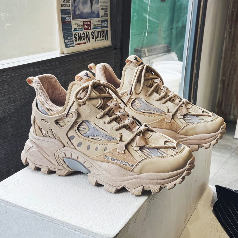 Men's cool alternative style sneakers in light beige with high soles, featuring PU leather and trendy design for comfort.