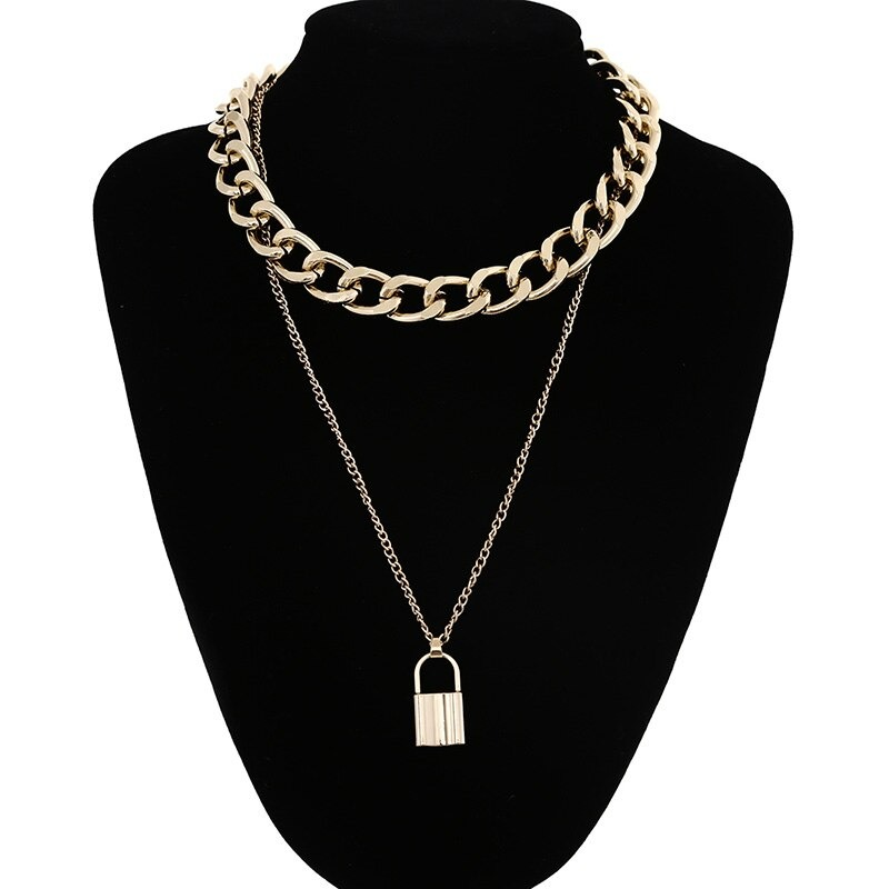 Women's punk necklace featuring a double chain and padlock pendant, perfect for alternative fashion styles.