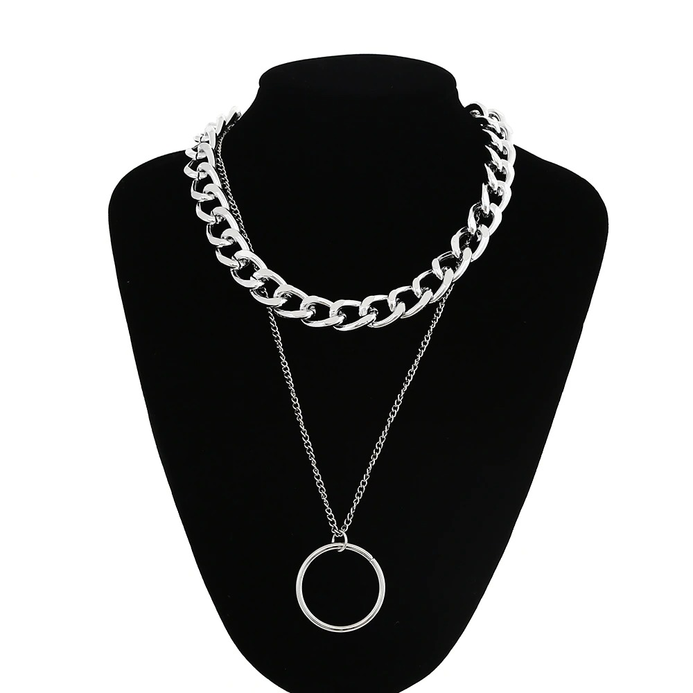Stylish women's punk necklace featuring a silver chain and a round padlock pendant, perfect for alternative fashion.
