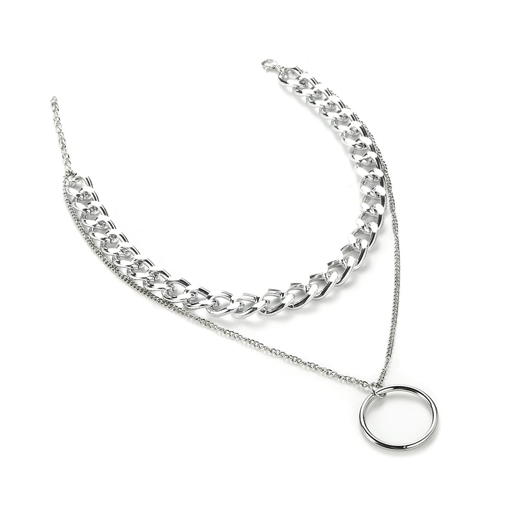 Women's punk necklace featuring a double chain design with a stylish lock pendant for alternative fashion.