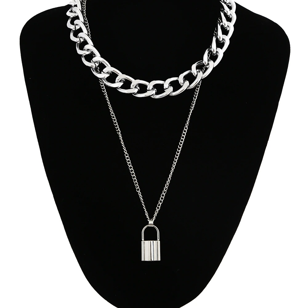 Stylish women's punk necklace featuring a layered chain with a padlock pendant, perfect for alternative fashion.