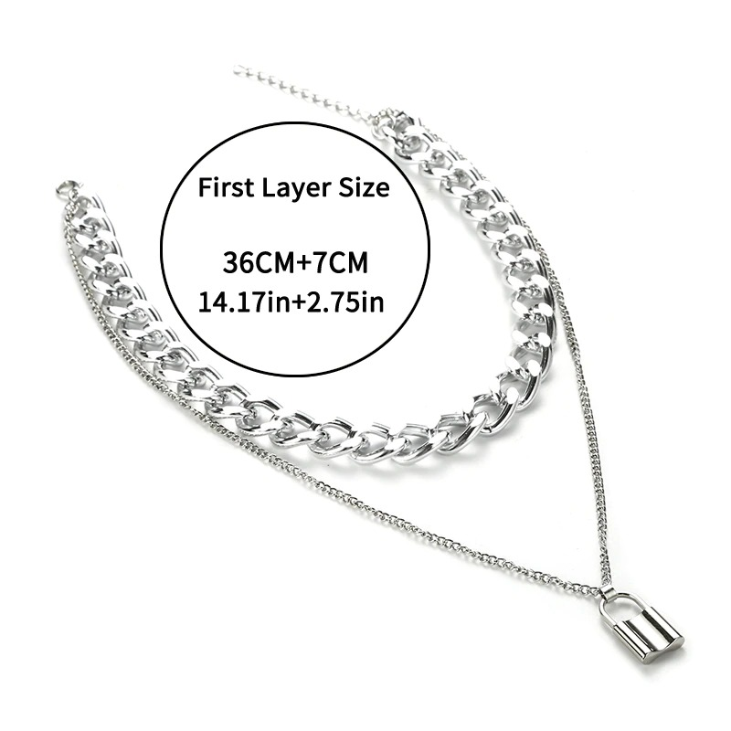 Women's punk necklace with padlock pendant and double chain layers, stylish and rebellious accessory for alternative fashion.