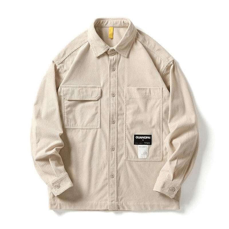 Beige waffle plaid shirt for men, featuring a loose fit and pockets, perfect for alternative style clothing.