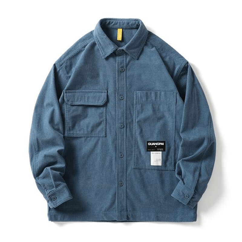 Loose waffle plaid shirt for men in blue, featuring pockets and alternative style design.