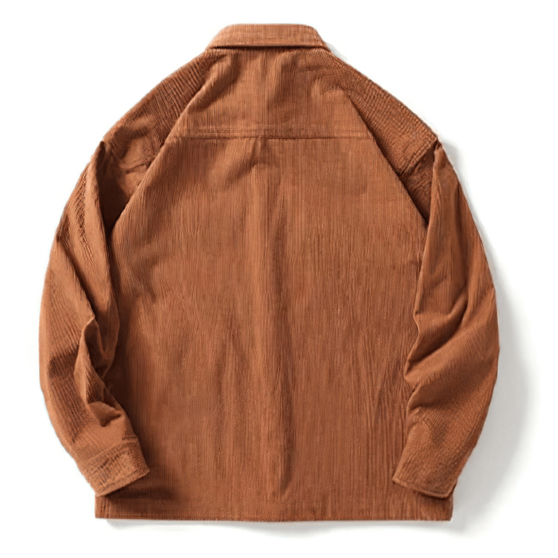 Back view of loose men's waffle plaid shirt in warm brown, showcasing soft texture and casual style.