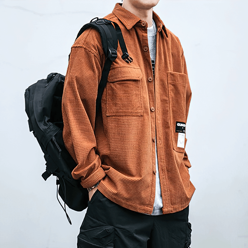 Loose waffle plaid shirt for men in orange, featuring pockets and casual style, perfect for alternative fashion.