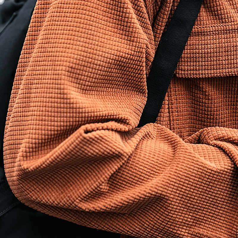 Men's loose waffle plaid shirt in earthy tone, showcasing relaxed style and soft fabric.