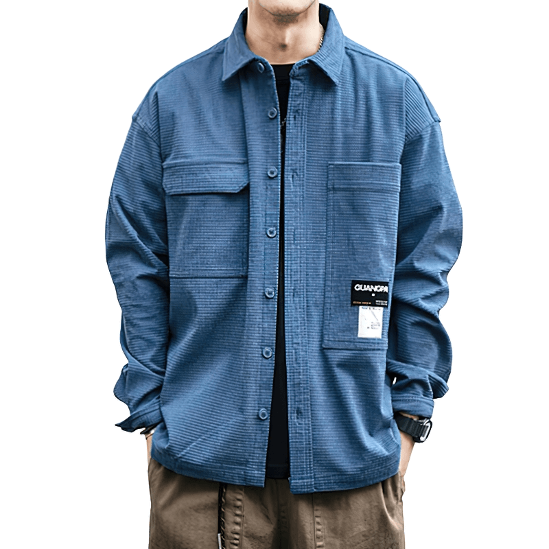 Men's loose waffle plaid shirt in blue, stylish design with pockets, perfect for alternative fashion.