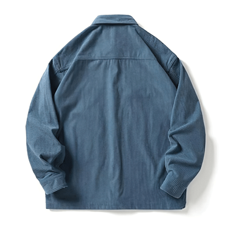 Back view of a loose men’s waffle plaid shirt in blue, showcasing its stylish alternative design and comfortable fit.