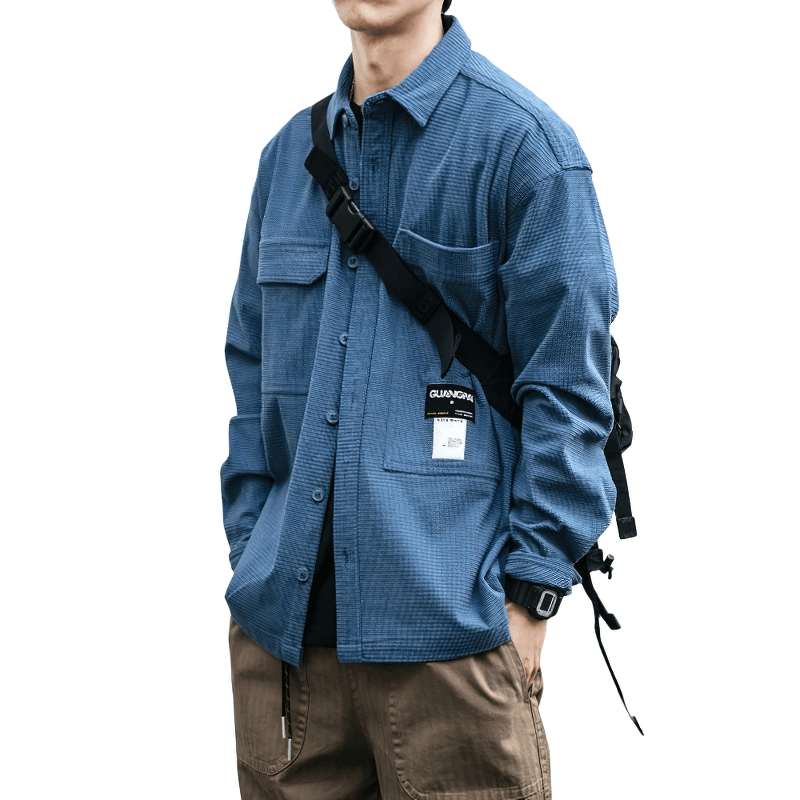 Men's loose waffle plaid shirt in blue with pockets, perfect for stylish alternative fashion.