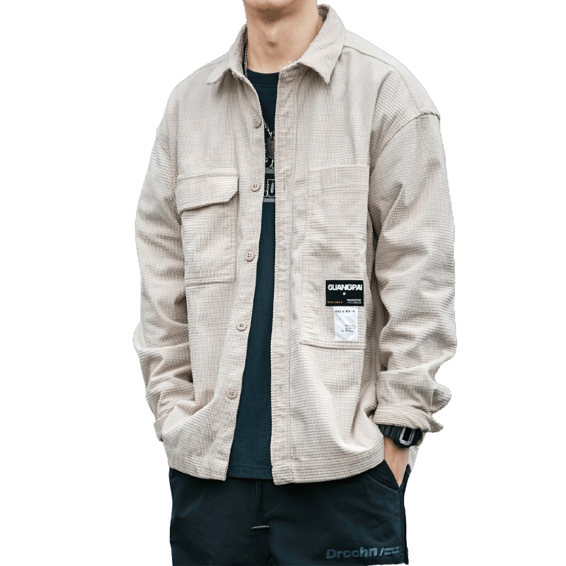 Loose fit men's waffle plaid shirt in beige, featuring pockets and an alternative style for trendy looks.