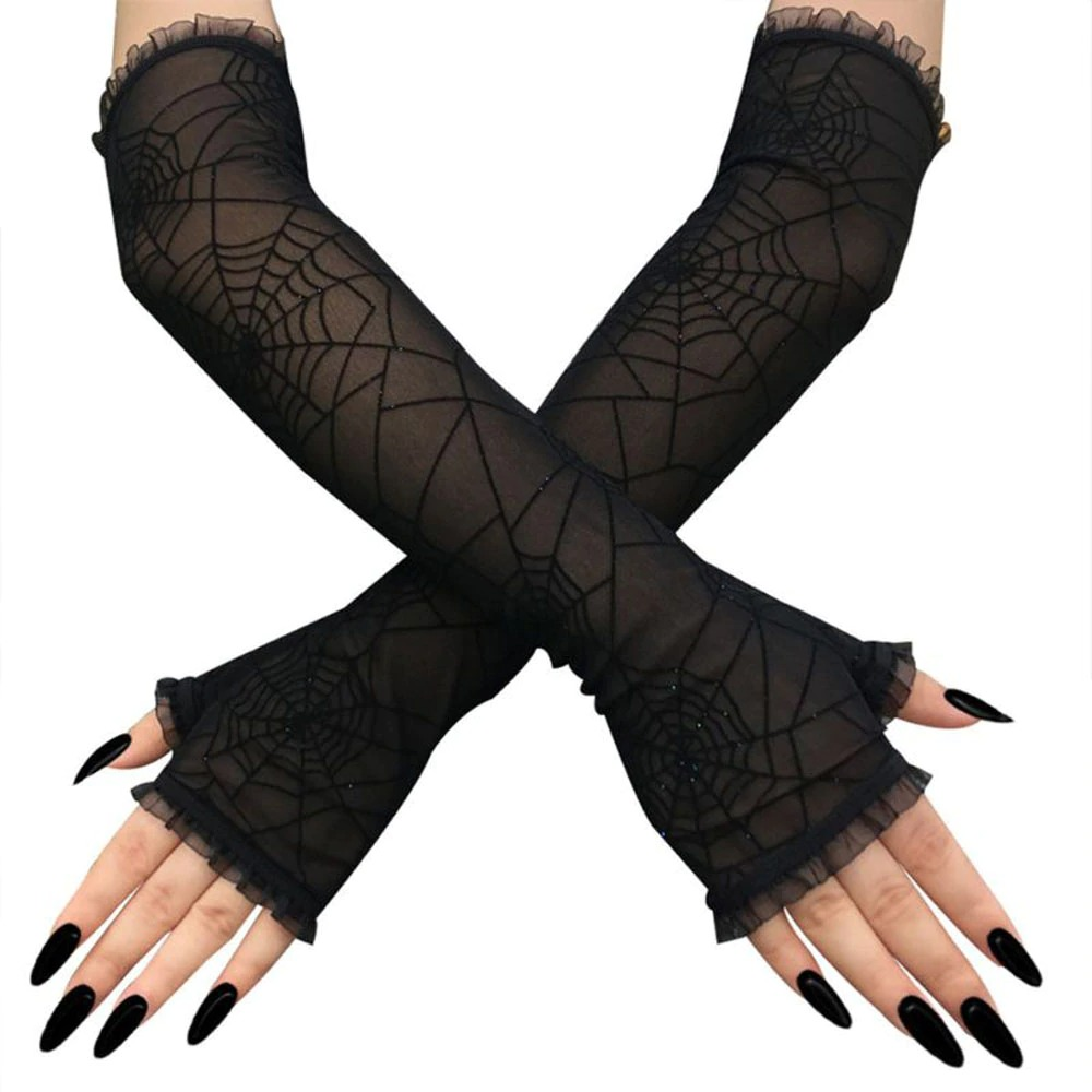 Gothic fingerless gloves with spider web print, perfect for cosplay and rock style outfits.