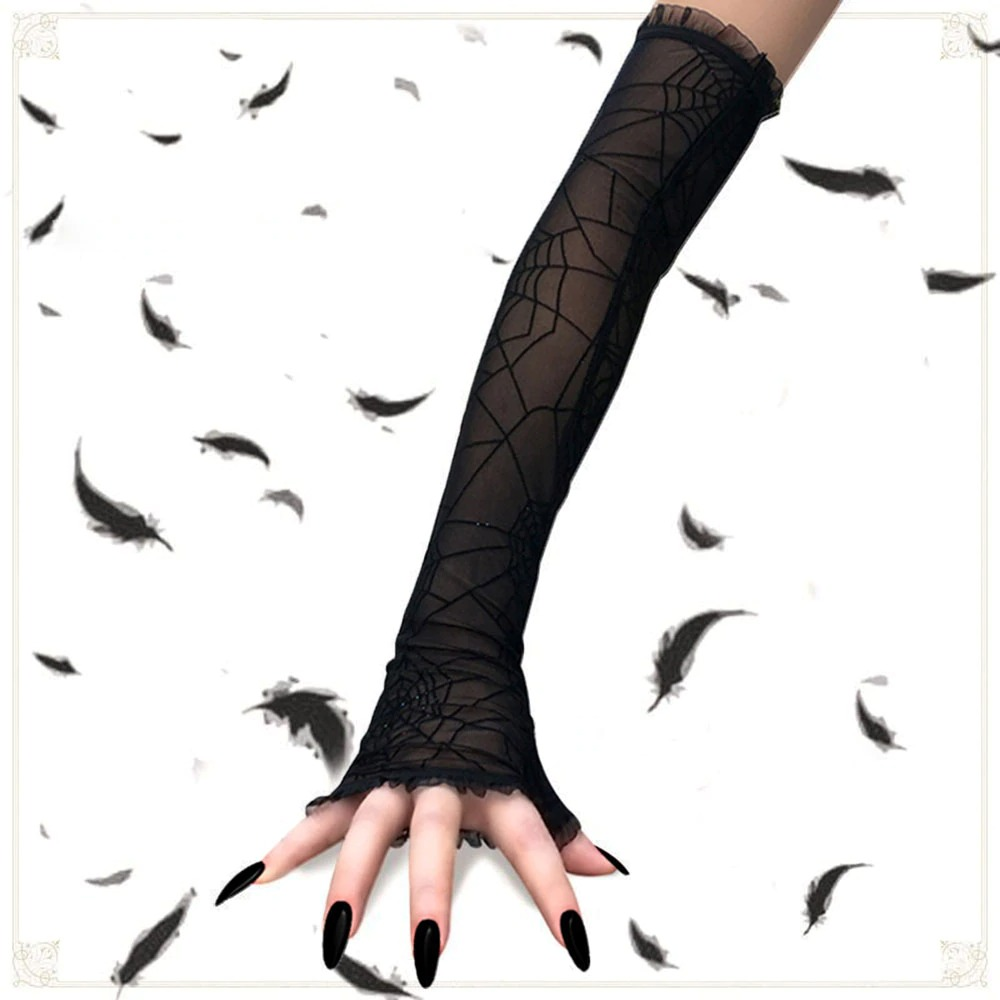 Gothic fingerless gloves featuring intricate spider web print, perfect for rock fashion and cosplay outfits.
