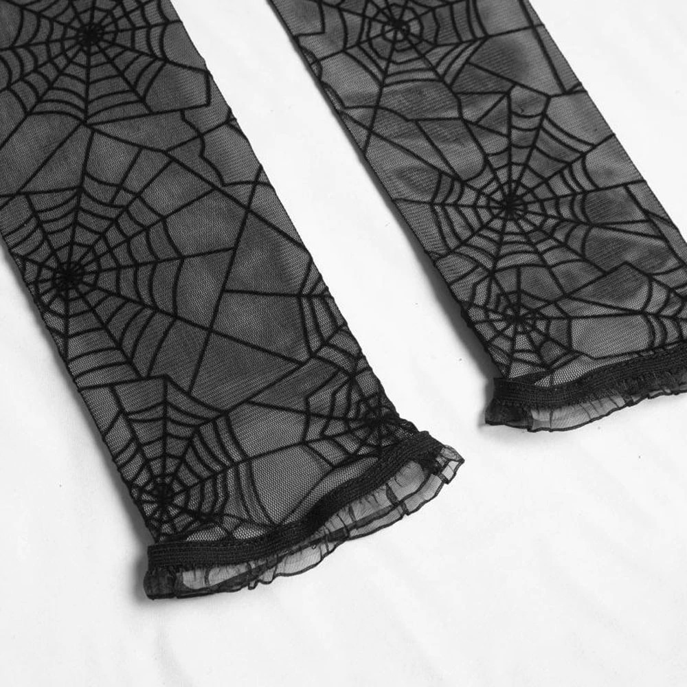 Gothic fingerless gloves with spider web print, perfect for cosplay and rock fashion styles.