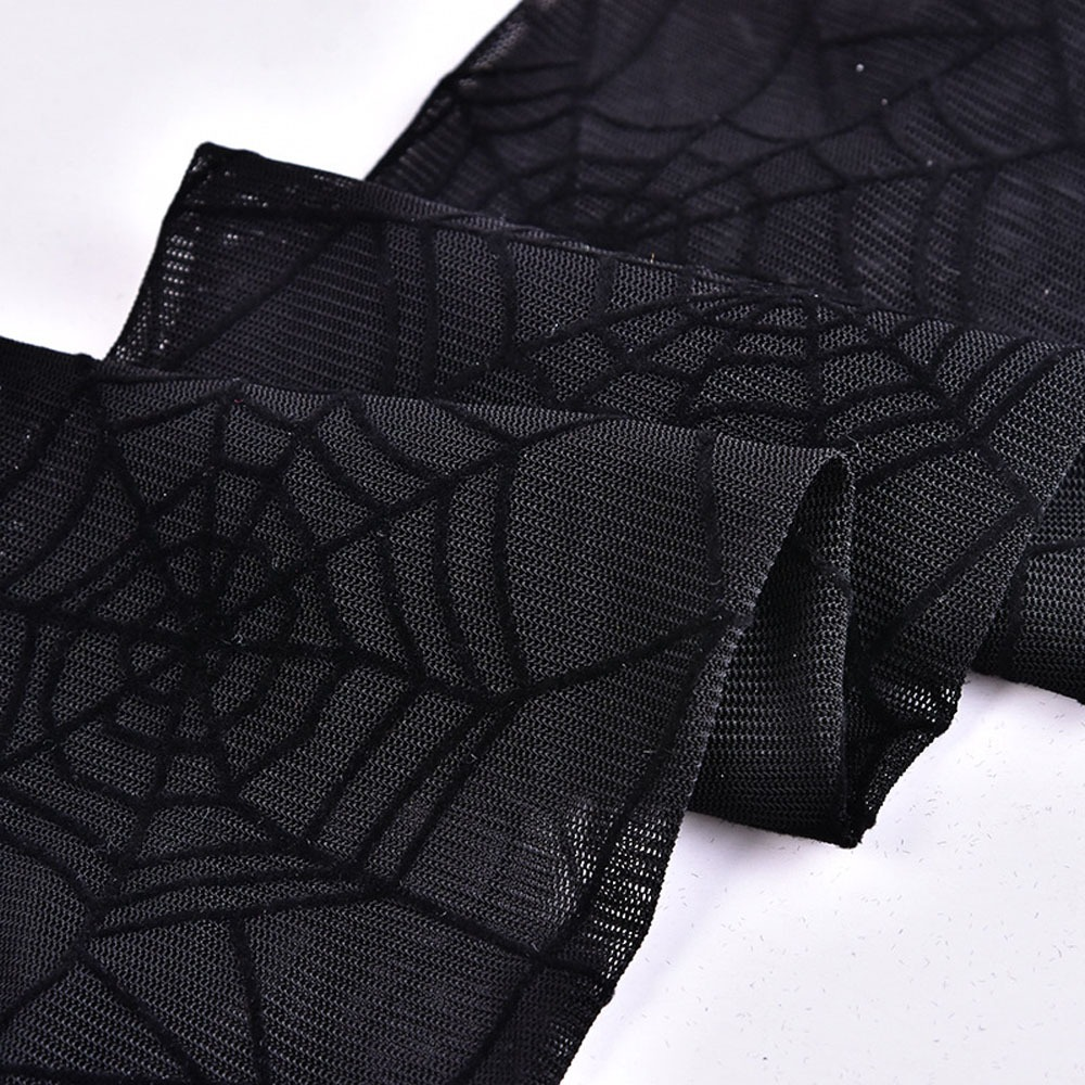 Black fingerless gloves with spider web print, perfect for gothic and cosplay outfits.