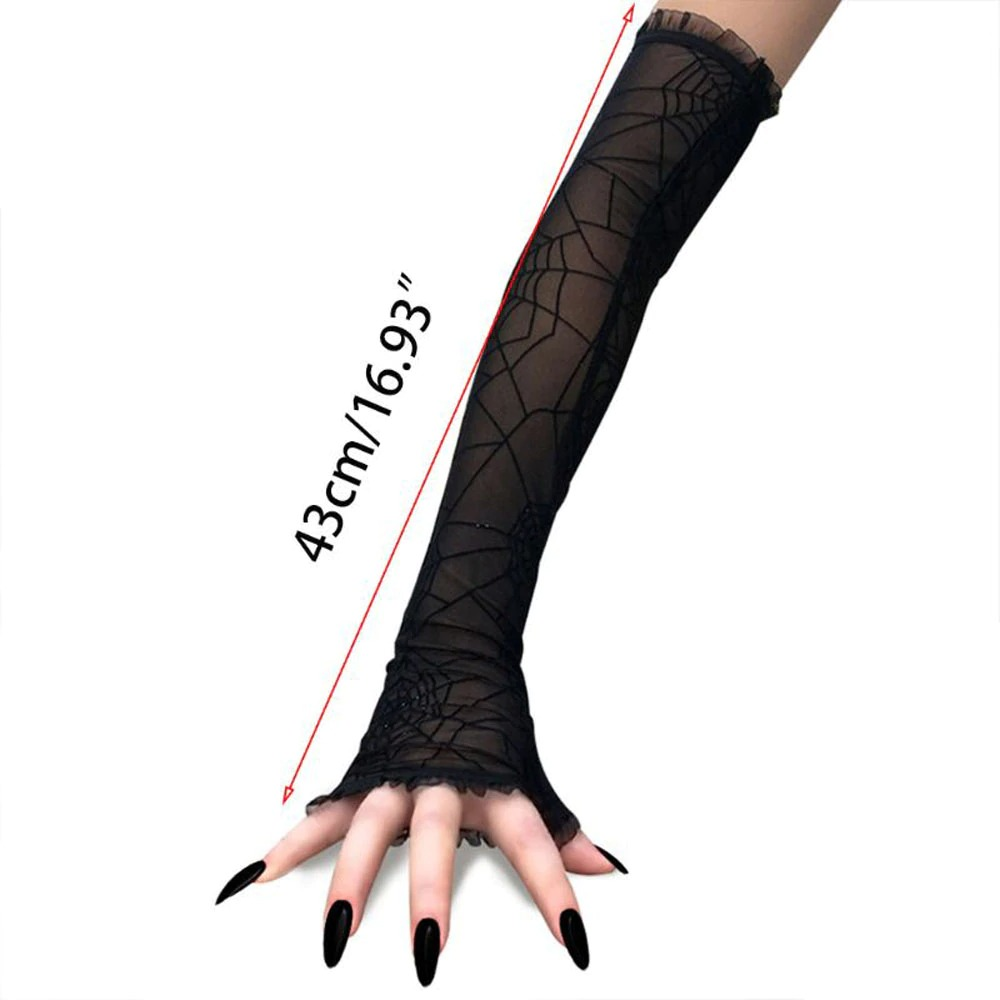Gothic fingerless long gloves with spider web print, perfect for cosplay and rock fashion. Elegant and edgy accessory.
