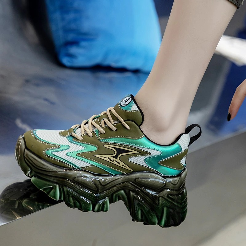 Multicolored platform sneakers for women in green, stylish and trendy alternative style for fashion-forward girls.