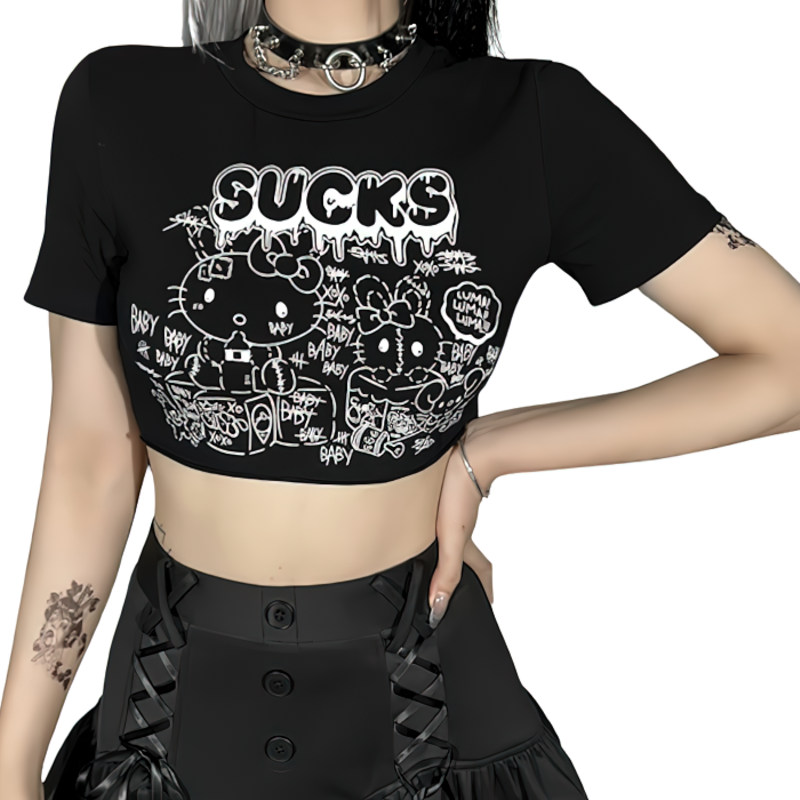 Alternative Style Women's T-Shirt / Black Female T-Shirt With Cool Print / Stylish Crop Top - HARD'N'HEAVY