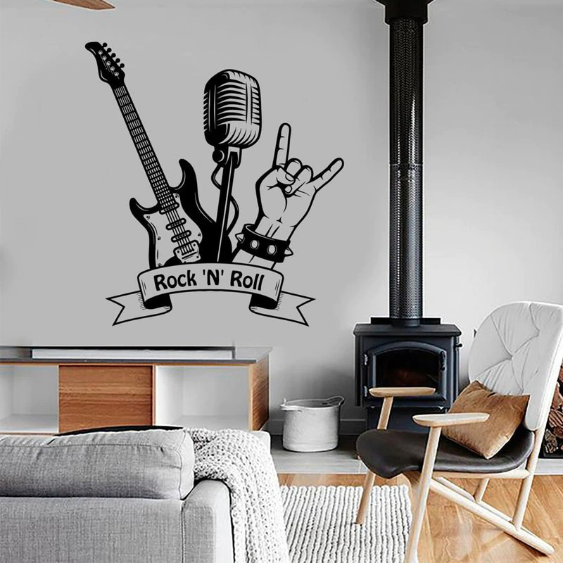 Alternative Wall Decal with Guitar and Microphone / Decor Vinyl Stickers for Music Studio - HARD'N'HEAVY
