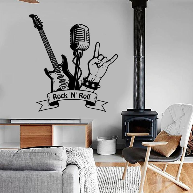 Rock 'N' Roll wall decal featuring guitar and microphone, perfect for music studio decor and vibrant home interior.