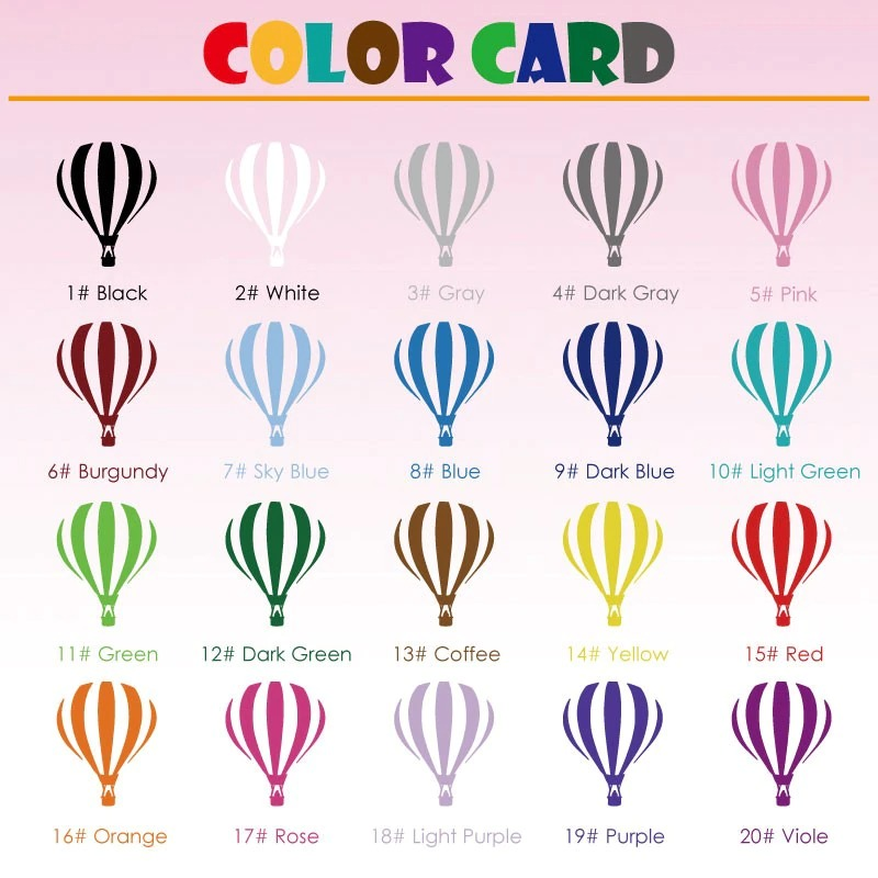 Color card showcasing various hot air balloon colors, featuring 20 vibrant options for creative decoration.