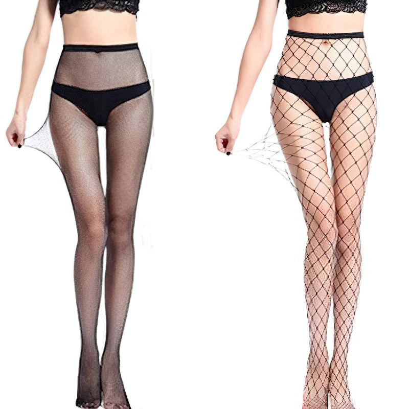 Alternative women fishnet pantyhose in black and nude, perfect for summer outfits with shorts or dresses.
