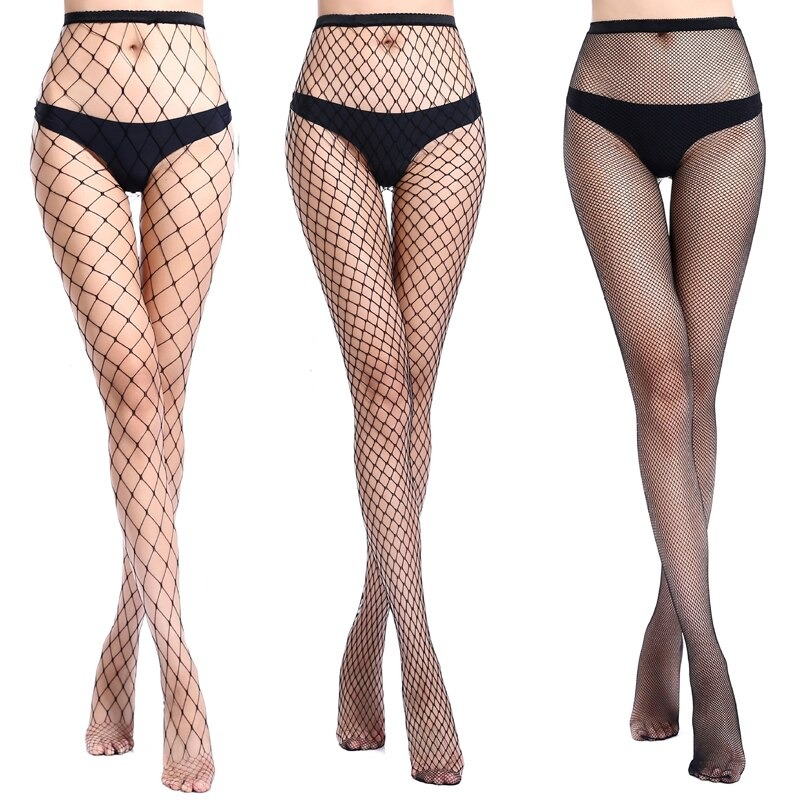 Alternative women fishnet pantyhose showcasing three styles: classic fishnet, stylish tights, and elegant thigh-highs.