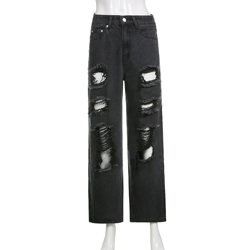 Alternative Women's Black Jeans / High Waist Lady Streetwear / Hole Loose Female Pants - HARD'N'HEAVY