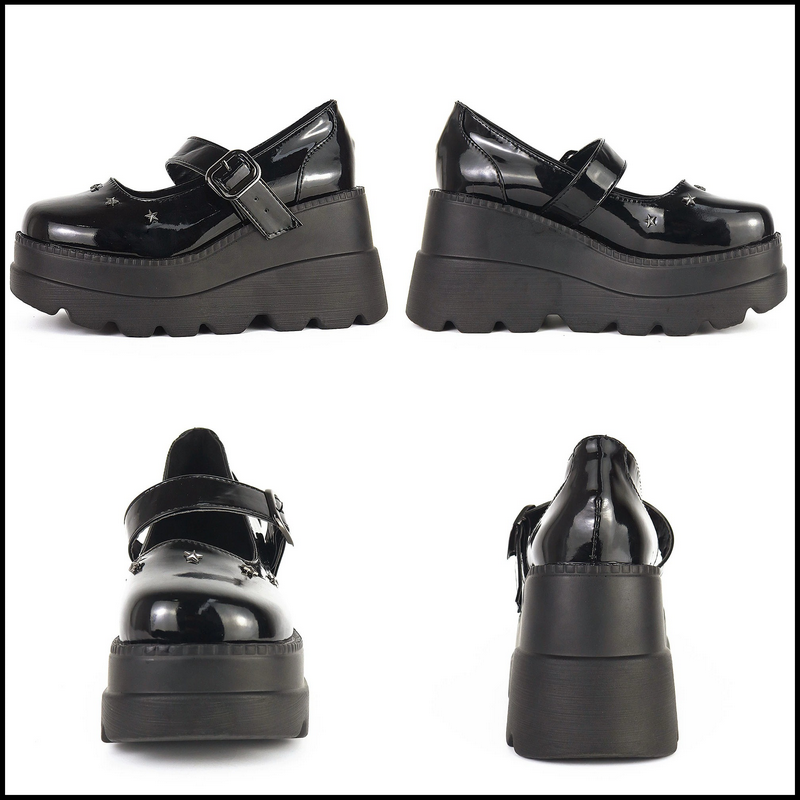 Alternative women's black high pumps with rubber platform, featuring buckle and star details, perfect for gothic outfits.