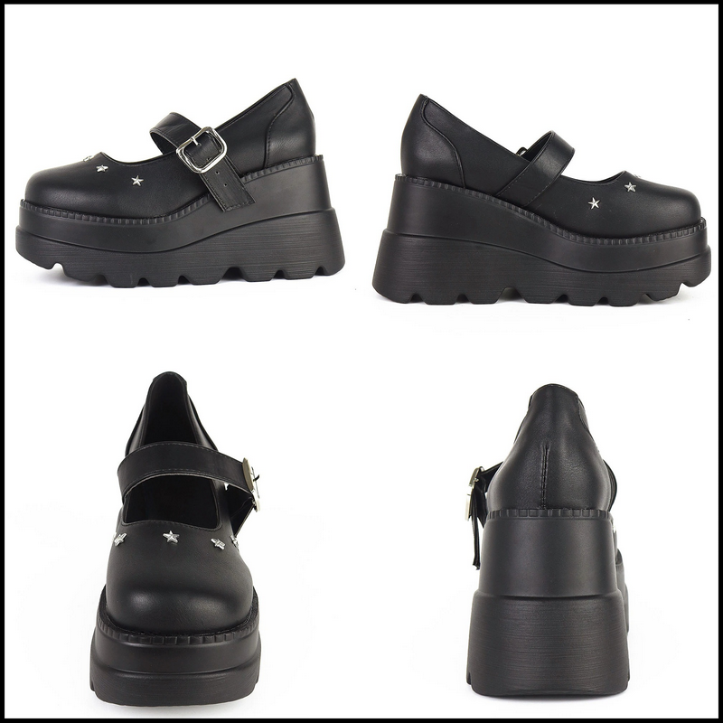 Alternative women's black platform high pumps with star details and buckle, perfect for gothic and casual outfits.