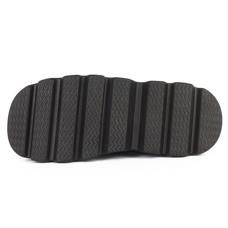 Bottom view of comfy black platform leather shoes, showcasing the textured rubber sole design for stability and style.