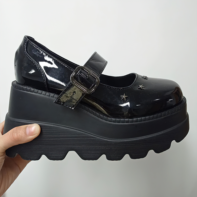 Alternative women's black high platform pumps with buckle and star details, perfect for gothic outfits and all-season wear.