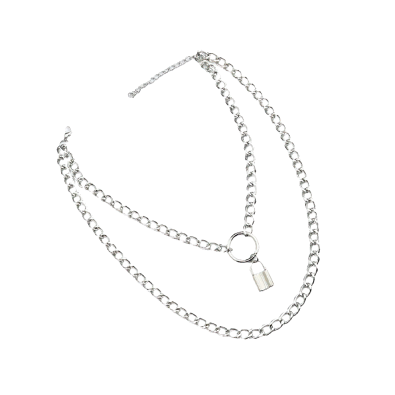 Alternative layered chain necklace with lock detail, perfect for punk or grunge styles.