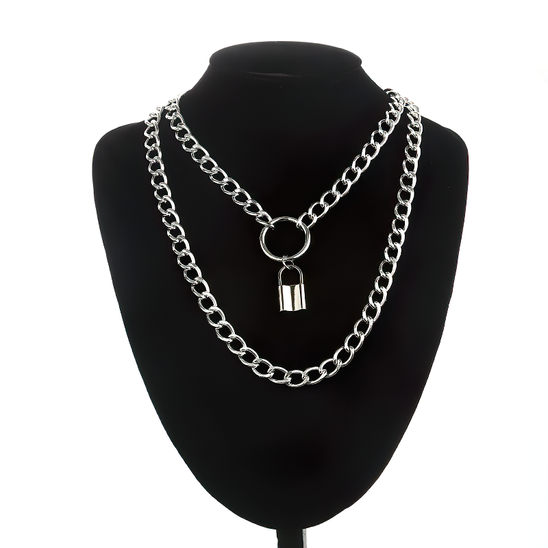Alternative necklace with lock, layered chain design, perfect for punk and grunge style.