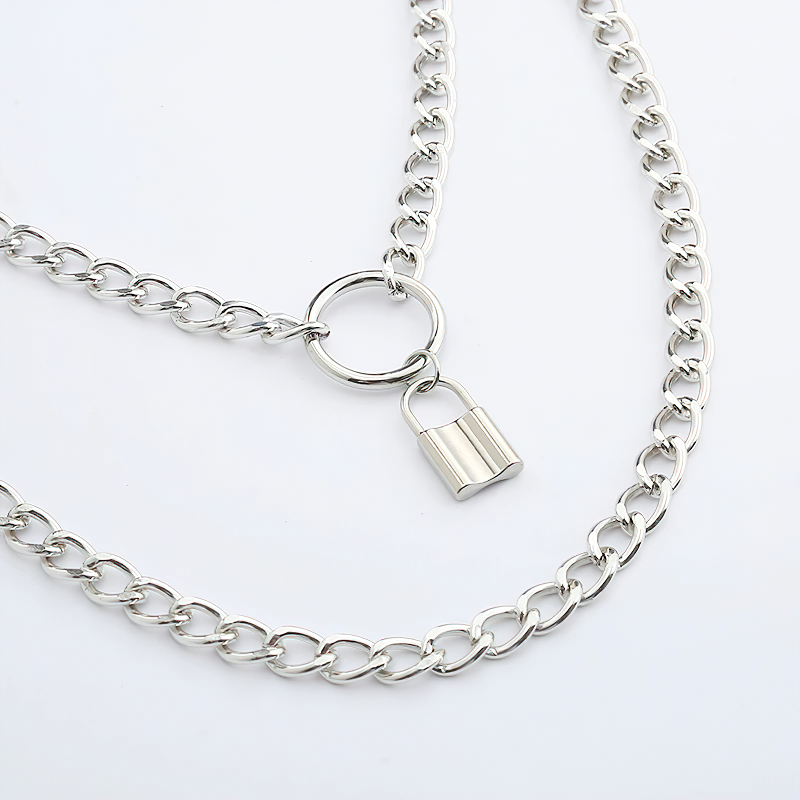 Stylish layered chain necklace with lock detail, perfect for punk and alternative fashion lovers.