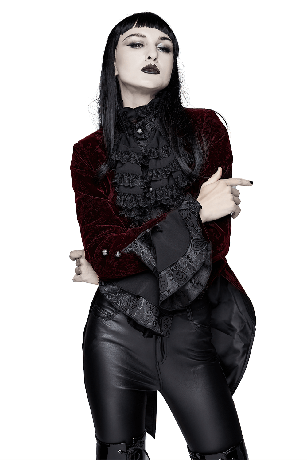 Elegant woman in a vintage wine red velvet puff sleeved jacket, embodying gothic style with dramatic black accents.